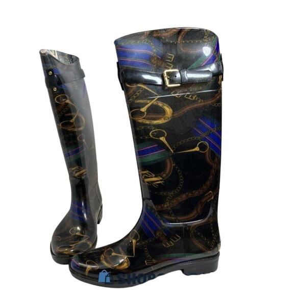 Women’s 9B Ralph Lauren Rossalyn II Rain Boots Equestrian Print Tall - Picture 1 of 5